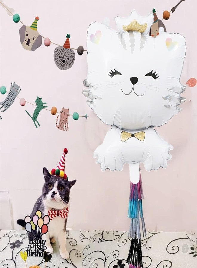 Atpata Funky Aptata Funky 28-Inch White Cat Foil Balloon with Bow, Crown, Smile - Ideal for Cat Parties, Birthdays, Animal Theme Pet Decorations - Durable, Reusable, Easy Inflation - Image 2